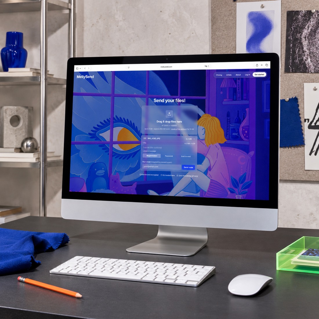 MellySend open in a browser on a desktop Mac, showing the panel for dropping files in